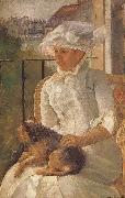 Susan hoding the dog in balcony, Mary Cassatt